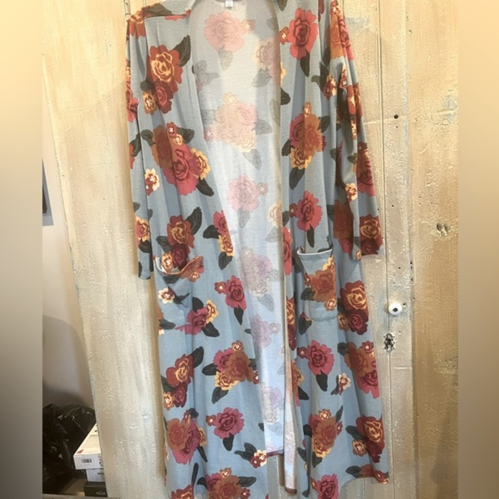 LuLaRoe Duster Cardigan Womens Medium Blue Floral Rose Longline Pocket